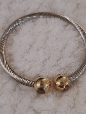Gold Accent Silver Cable Bangle Bracelet - Women Jewelry